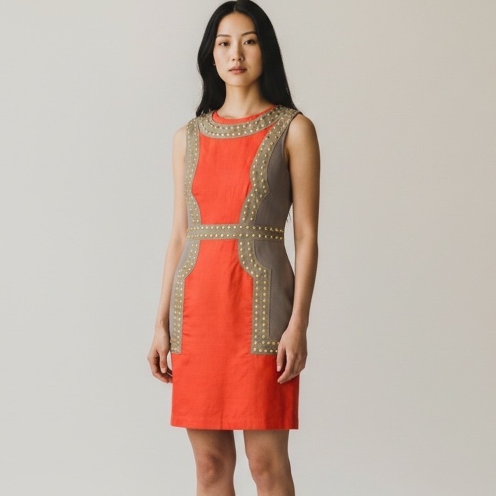 THML Shift Dress Womens XS Orange Taupe Color Block Linen Blend Studded Art Deco